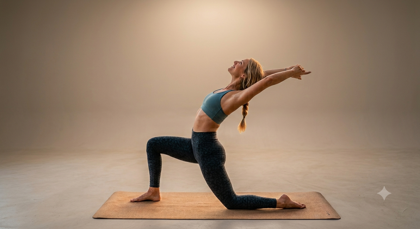 Alumna practicando yoga con los brazos elevados sobre una esterilla.